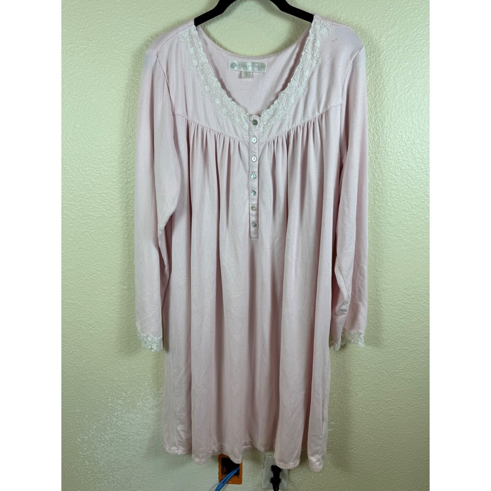 Eileen West Nightgown Women Medium Pink Lace Trim Henley Long Sleeve Sleepwear